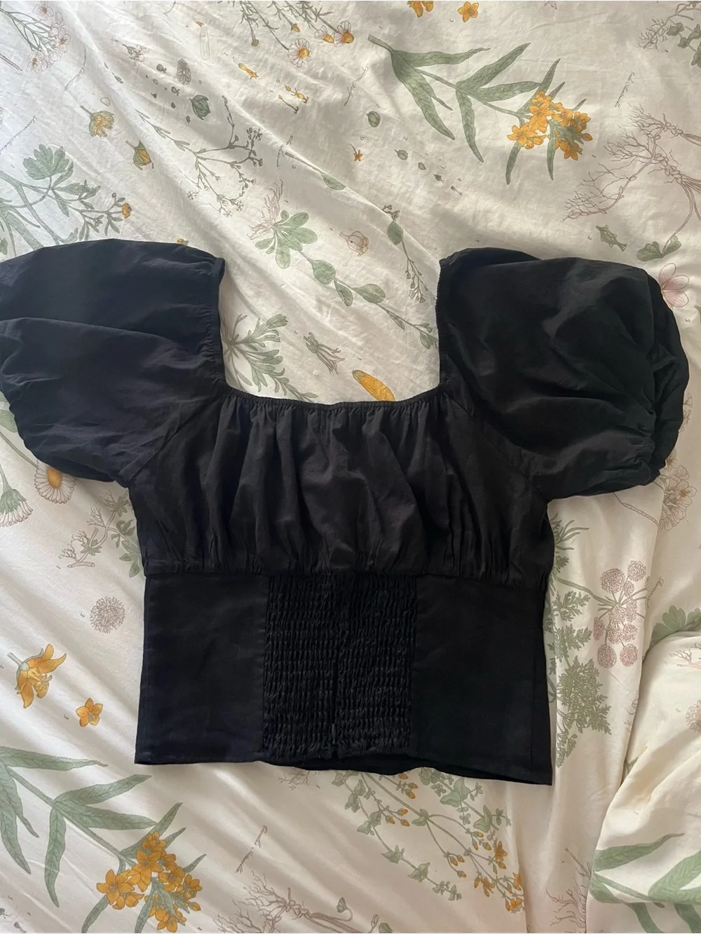 Reformation Black Alayna Puff Sleeve Square Neck Top